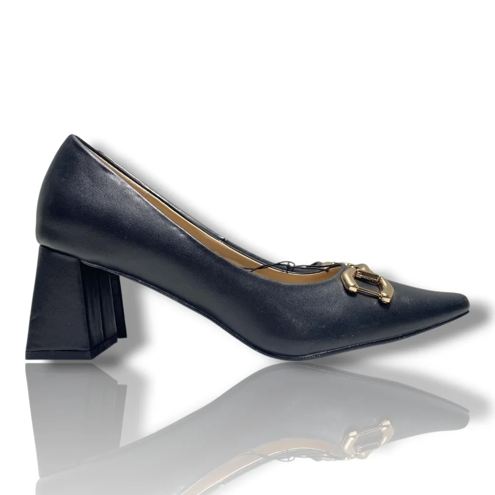 Jessica Carlyle LENORA Leather Business Navy Blue Heels with Gold Buckle NWOT - Picture 6 of 7